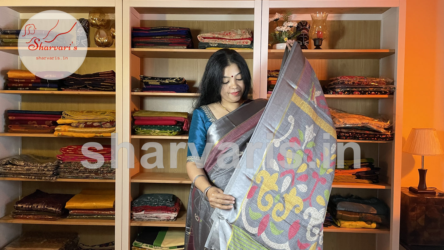 Pewter Grey Soft Kota Silk Saree with Satin Borders