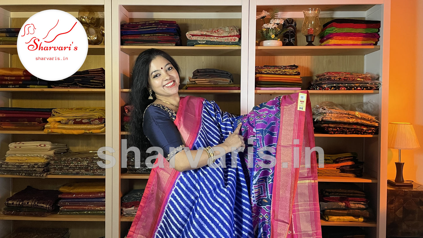 Indigo and Pink Pure Pochampally Silk Saree with Leheriya Patterns