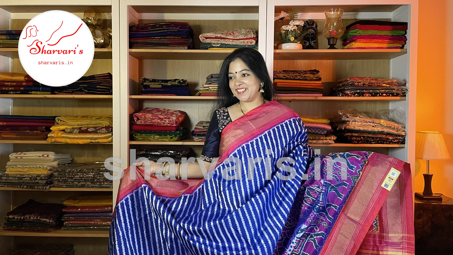 Indigo and Pink Pure Pochampally Silk Saree with Leheriya Patterns