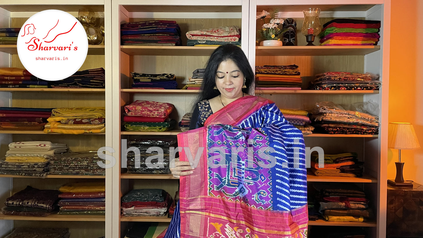 Indigo and Pink Pure Pochampally Silk Saree with Leheriya Patterns