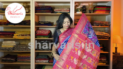 Indigo and Pink Pure Pochampally Silk Saree with Leheriya Patterns