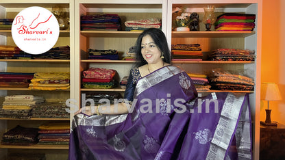 Dark Purple Pure Kanchipuram Silk Saree with Silver Zari Work