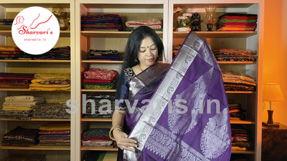 Dark Purple Pure Kanchipuram Silk Saree with Silver Zari Work