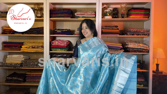 Sky Blue Pure Kanchipuram Bridal Silk Saree with Silver Zari