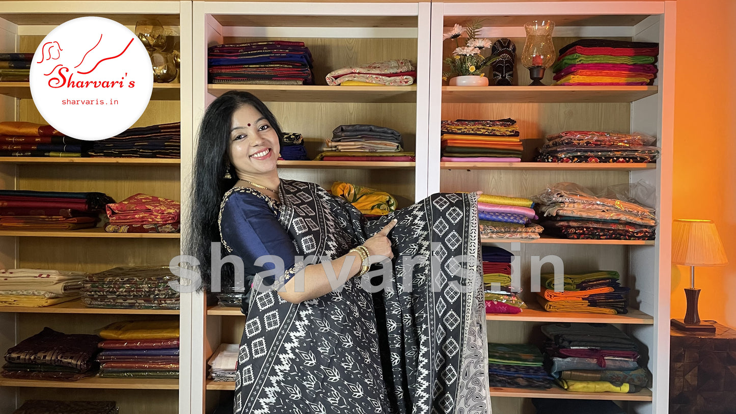 Black and White Daily Wear Kalamkari Semi Silk Saree with Trendy Prints