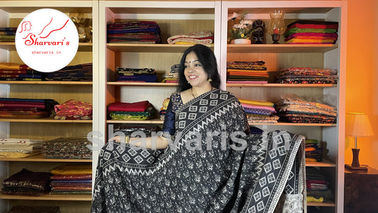 Black and White Daily Wear Kalamkari Semi Silk Saree with Trendy Prints