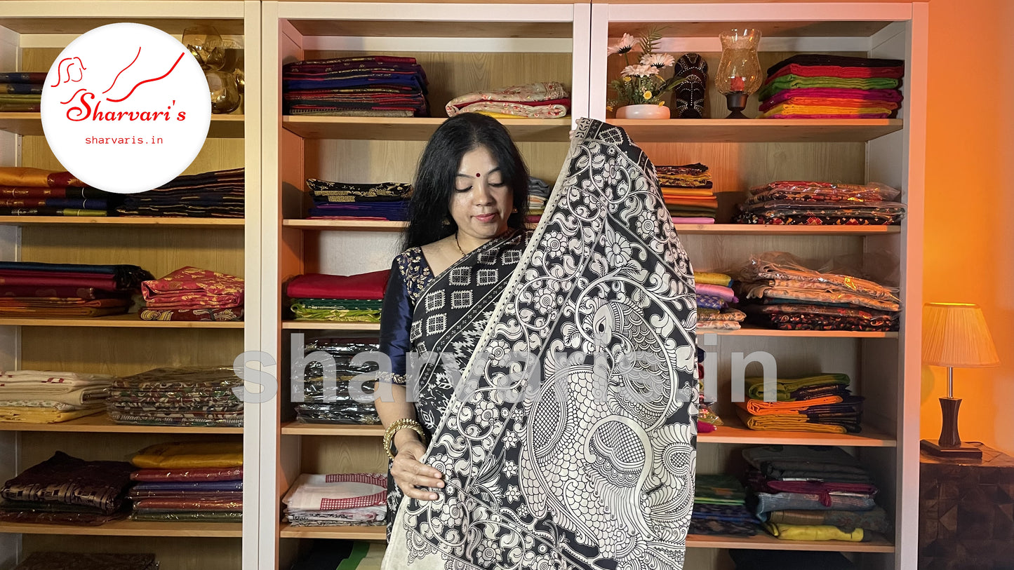 Black and White Daily Wear Kalamkari Semi Silk Saree with Trendy Prints