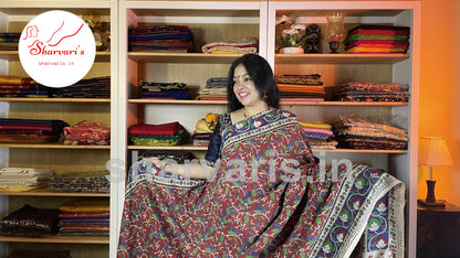 Red and Green Daily Wear Kalamkari Semi Silk Saree