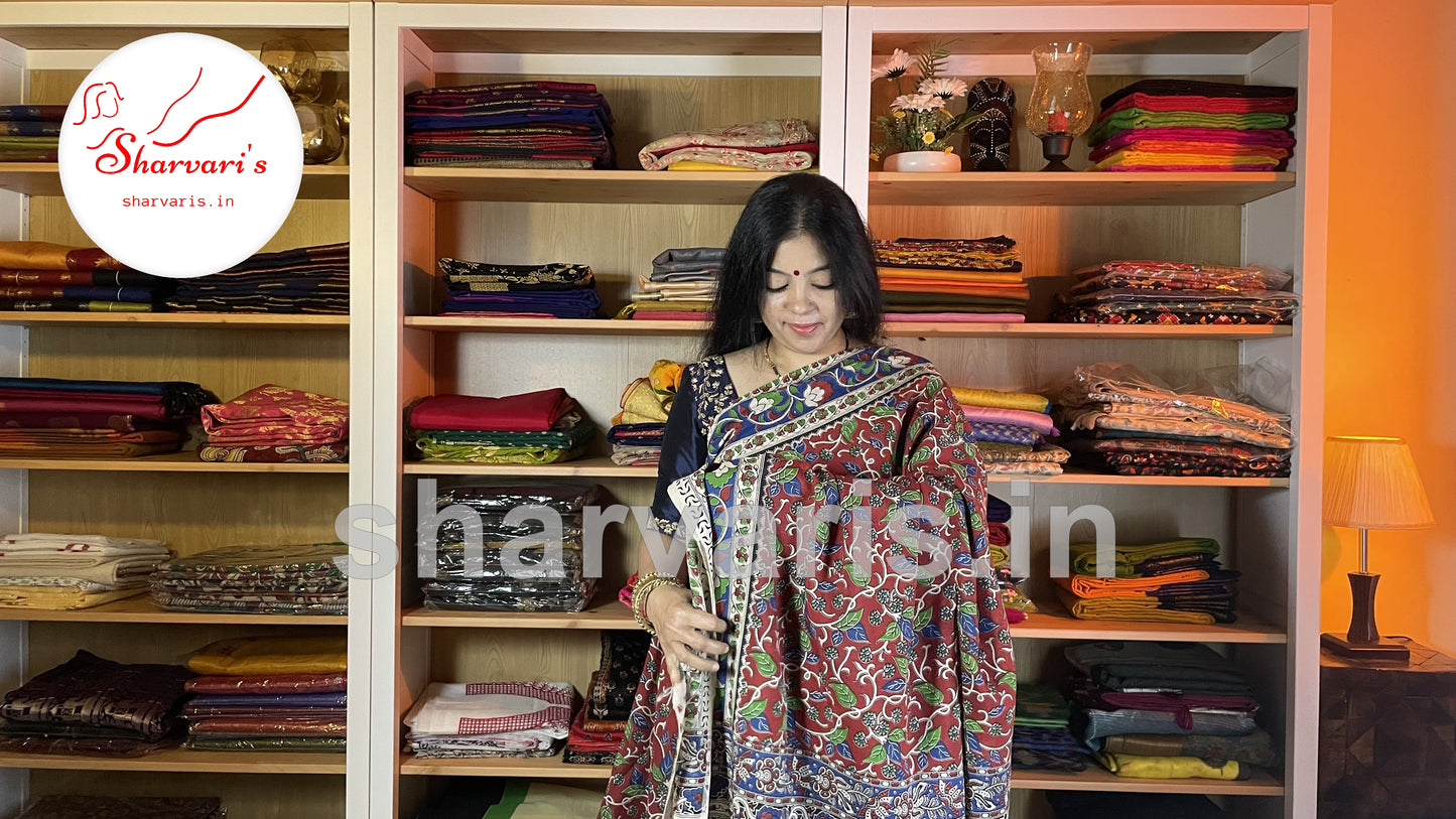 Red and Green Daily Wear Kalamkari Semi Silk Saree