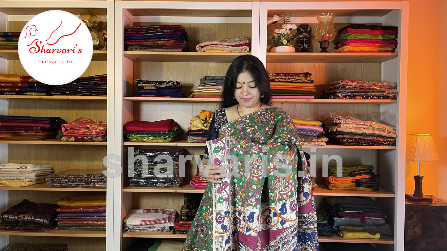 Green and Magenta Daily Wear Kalamkari Semi Silk Saree