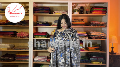 Off White and Blue Daily Wear Kalamkari Semi Silk Saree with Floral Patterns