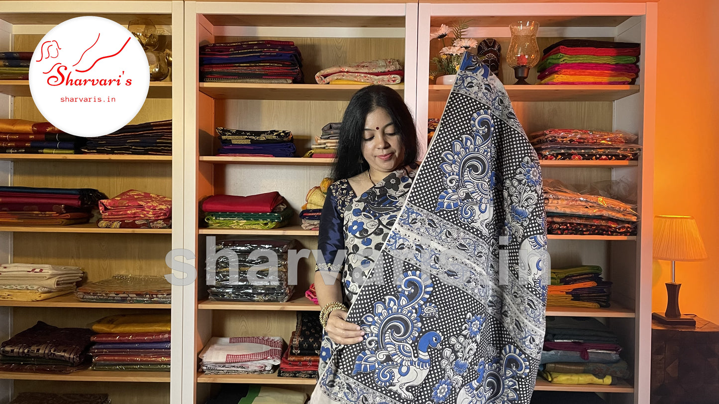 Off White and Blue Daily Wear Kalamkari Semi Silk Saree with Floral Patterns