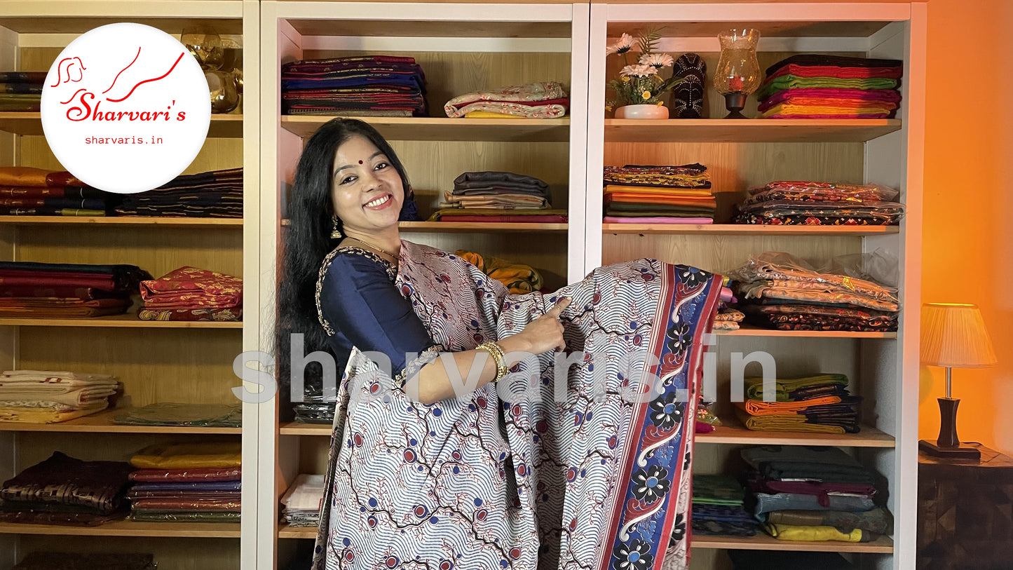 Off white and Blue Daily Wear Kalamkari Semi Silk Saree with Trendy Prints