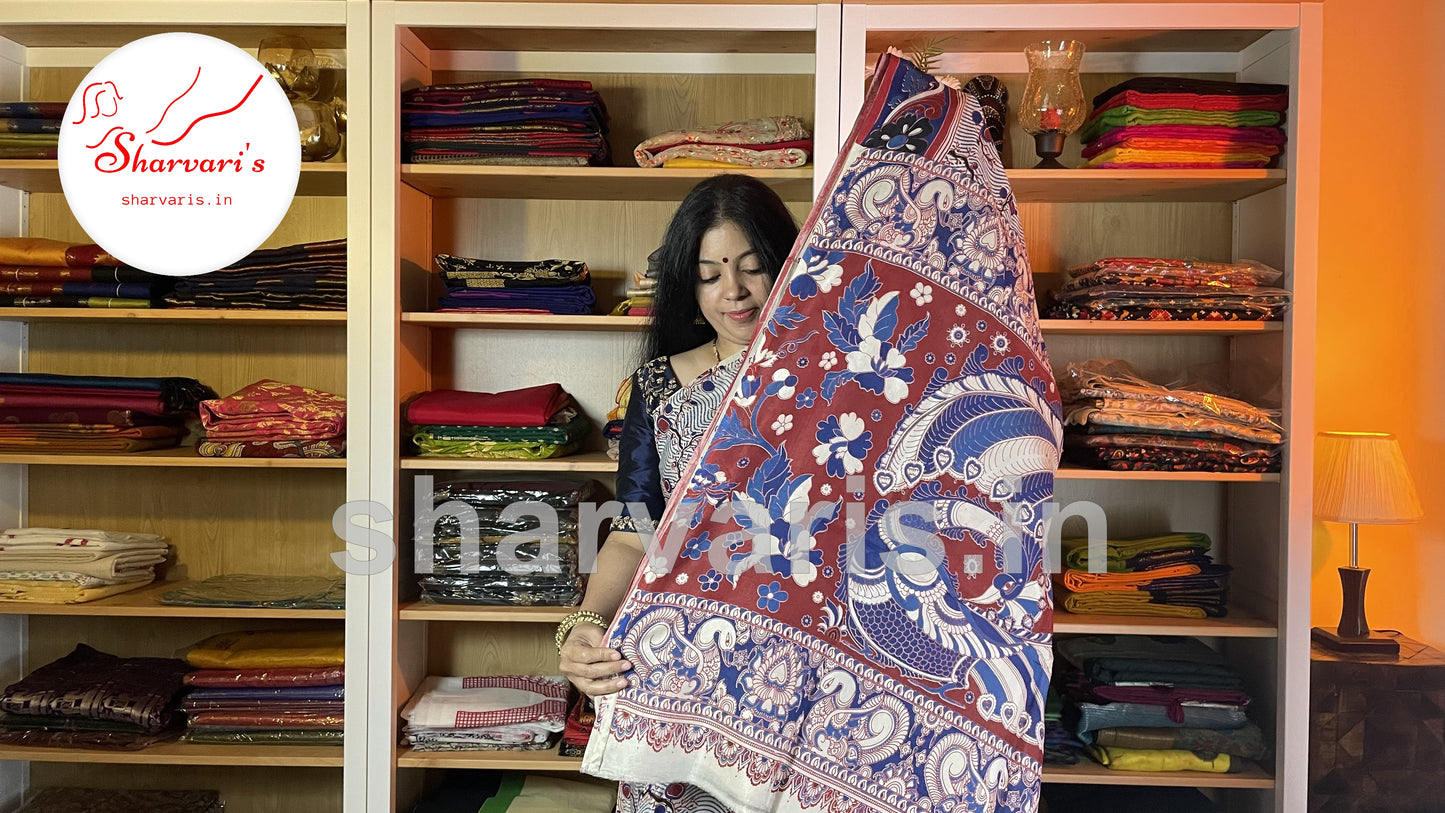 Off white and Blue Daily Wear Kalamkari Semi Silk Saree with Trendy Prints