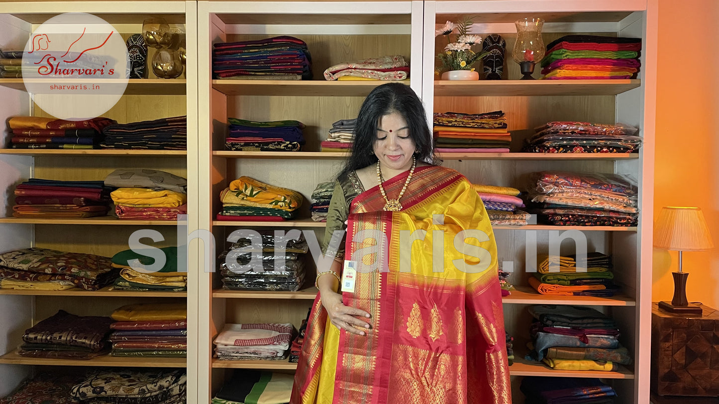 Yellow and Red Pure Gadwal Silk Saree with Kuttu Borders