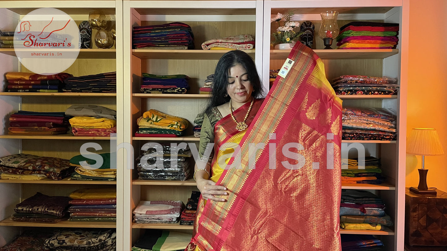 Yellow and Red Pure Gadwal Silk Saree with Kuttu Borders