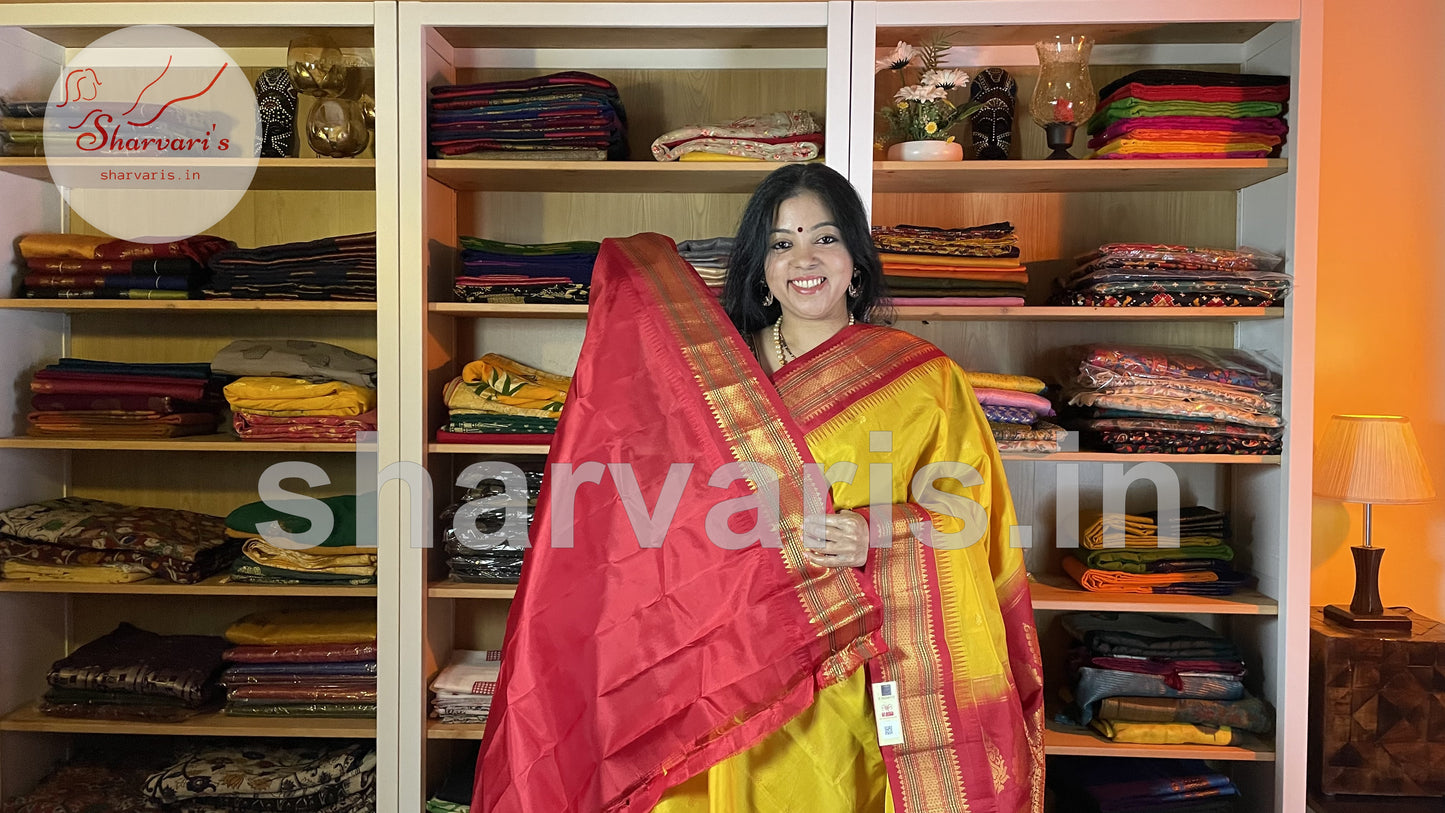 Yellow and Red Pure Gadwal Silk Saree with Kuttu Borders