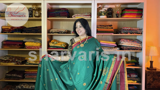 Peacock Green Ilkal/Irkal Silk Cotton Saree with Cross-Stitch Patterns