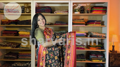 Black and Red Satin-soft Art Silk Saree with Patola and Ajrakh Prints