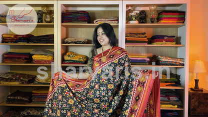 Black and Red Satin-soft Art Silk Saree with Patola and Ajrakh Prints