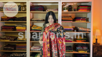 Black and Red Satin-soft Art Silk Saree with Patola and Ajrakh Prints