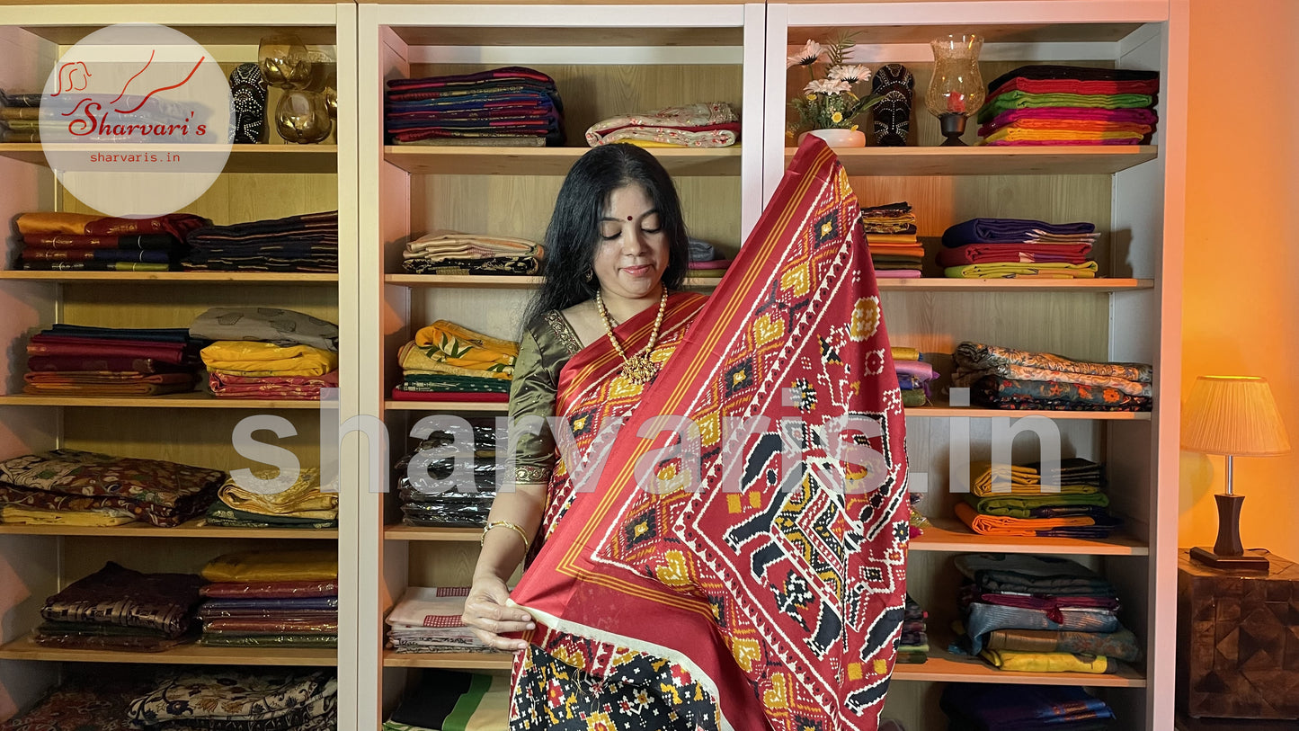 Black and Red Satin-soft Art Silk Saree with Patola and Ajrakh Prints