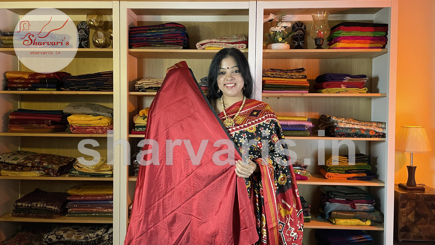 Black and Red Satin-soft Art Silk Saree with Patola and Ajrakh Prints