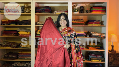 Black and Red Satin-soft Art Silk Saree with Patola and Ajrakh Prints