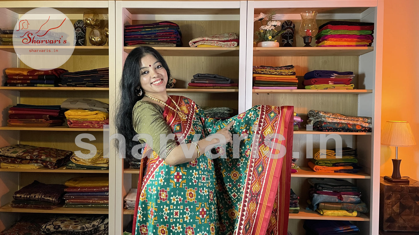 Green and Red Satin-soft Art Silk Saree with Patola and Ajrakh Prints