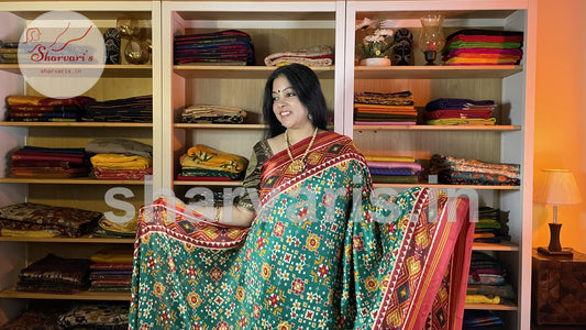 Green and Red Satin-soft Art Silk Saree with Patola and Ajrakh Prints