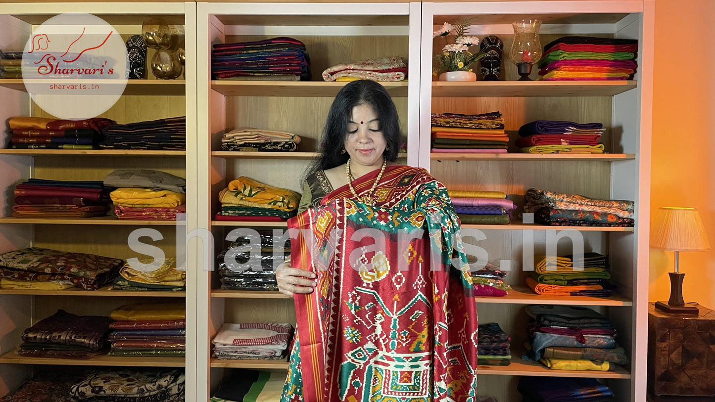 Green and Red Satin-soft Art Silk Saree with Patola and Ajrakh Prints