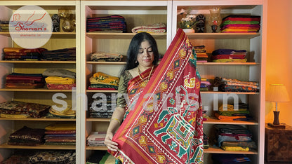 Green and Red Satin-soft Art Silk Saree with Patola and Ajrakh Prints