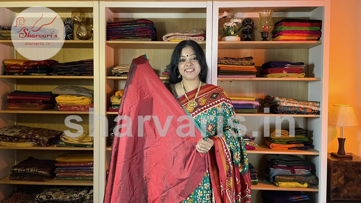 Green and Red Satin-soft Art Silk Saree with Patola and Ajrakh Prints