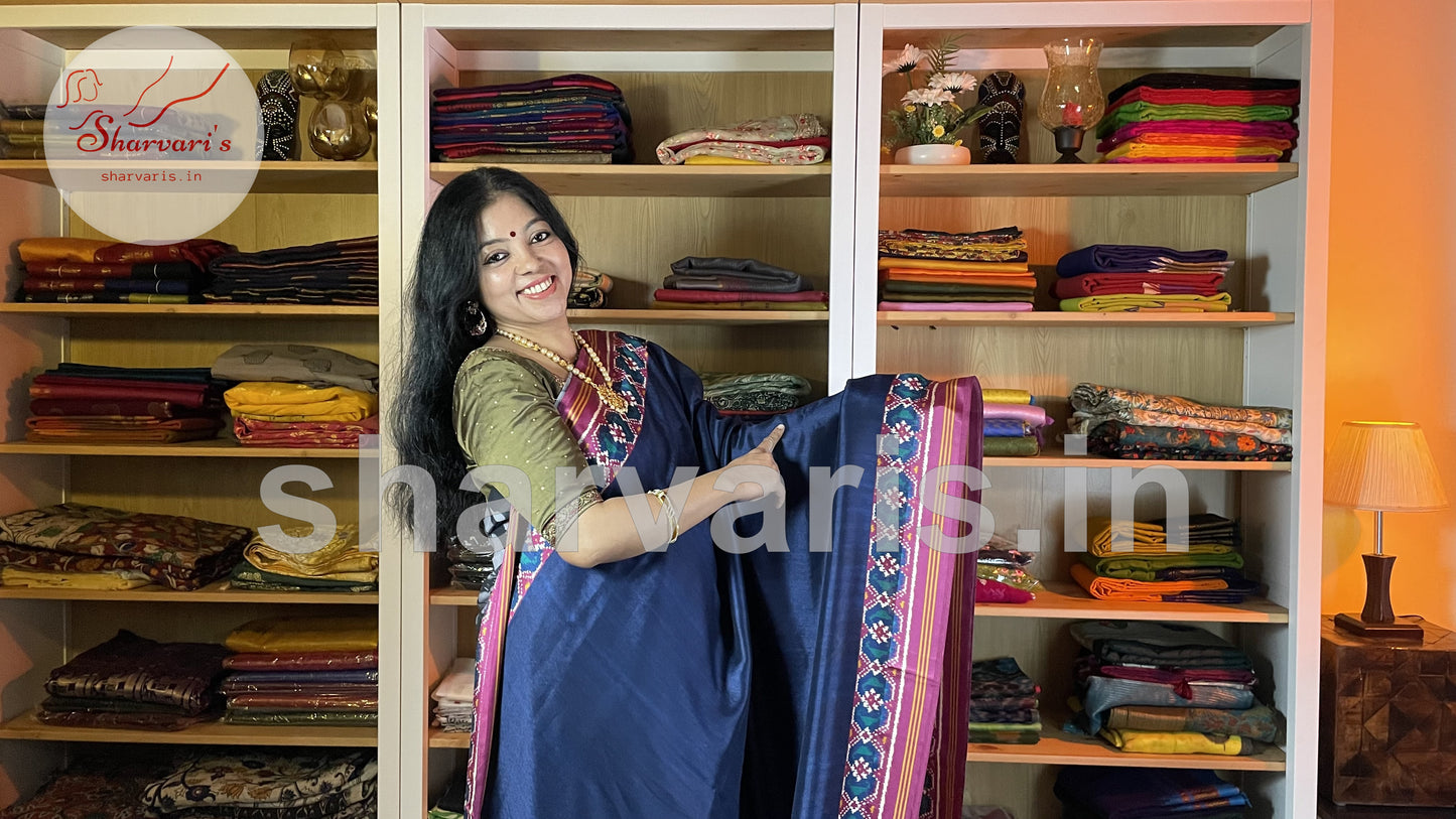 Navy Blue and Magenta Satin-soft Art Silk Saree with Ajrakh and Patola Prints