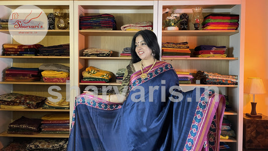 Navy Blue and Magenta Satin-soft Art Silk Saree with Ajrakh and Patola Prints