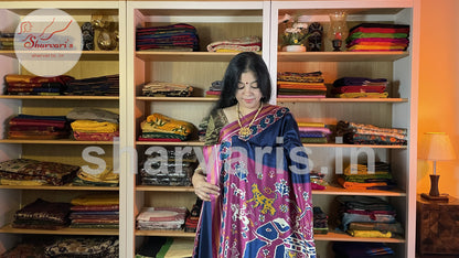 Navy Blue and Magenta Satin-soft Art Silk Saree with Ajrakh and Patola Prints