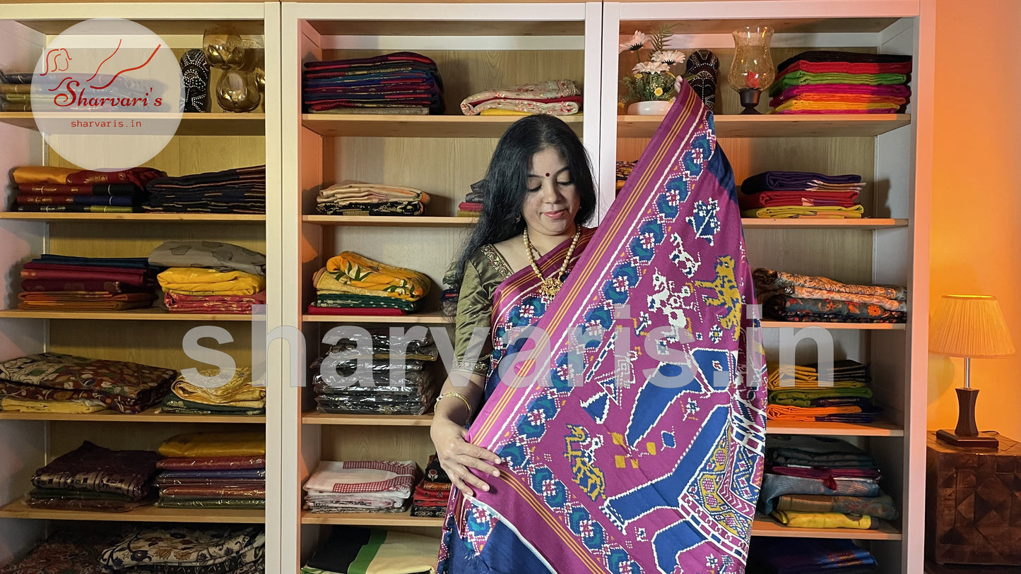 Navy Blue and Magenta Satin-soft Art Silk Saree with Ajrakh and Patola Prints