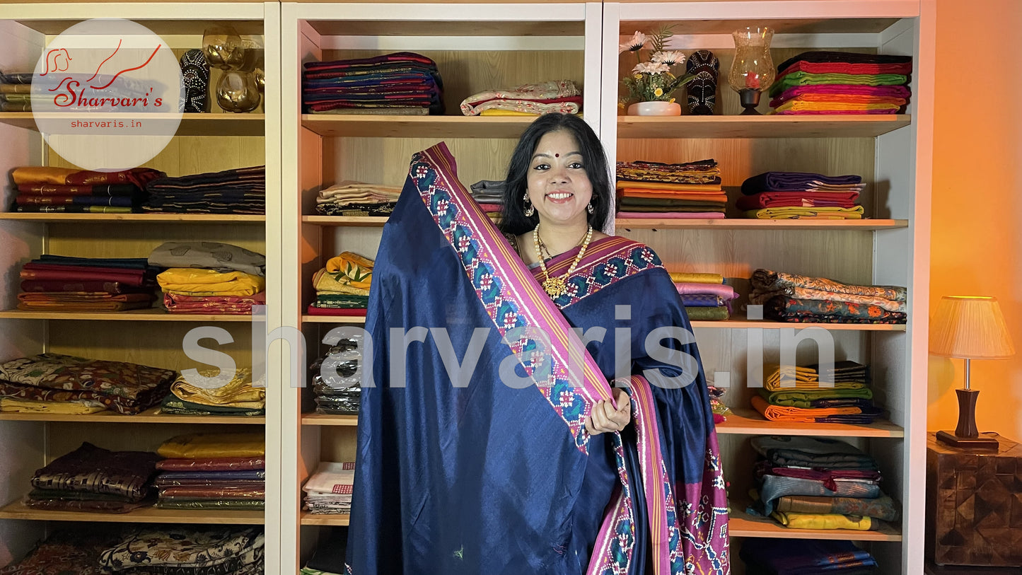 Navy Blue and Magenta Satin-soft Art Silk Saree with Ajrakh and Patola Prints