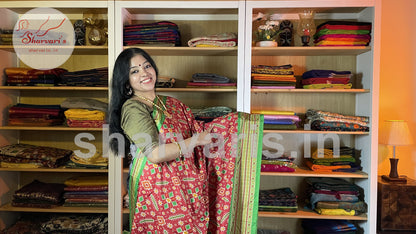 Red and Green Soft Semi Matka Saree with Patola Prints