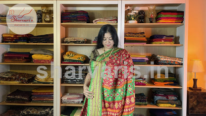 Red and Green Soft Semi Matka Saree with Patola Prints