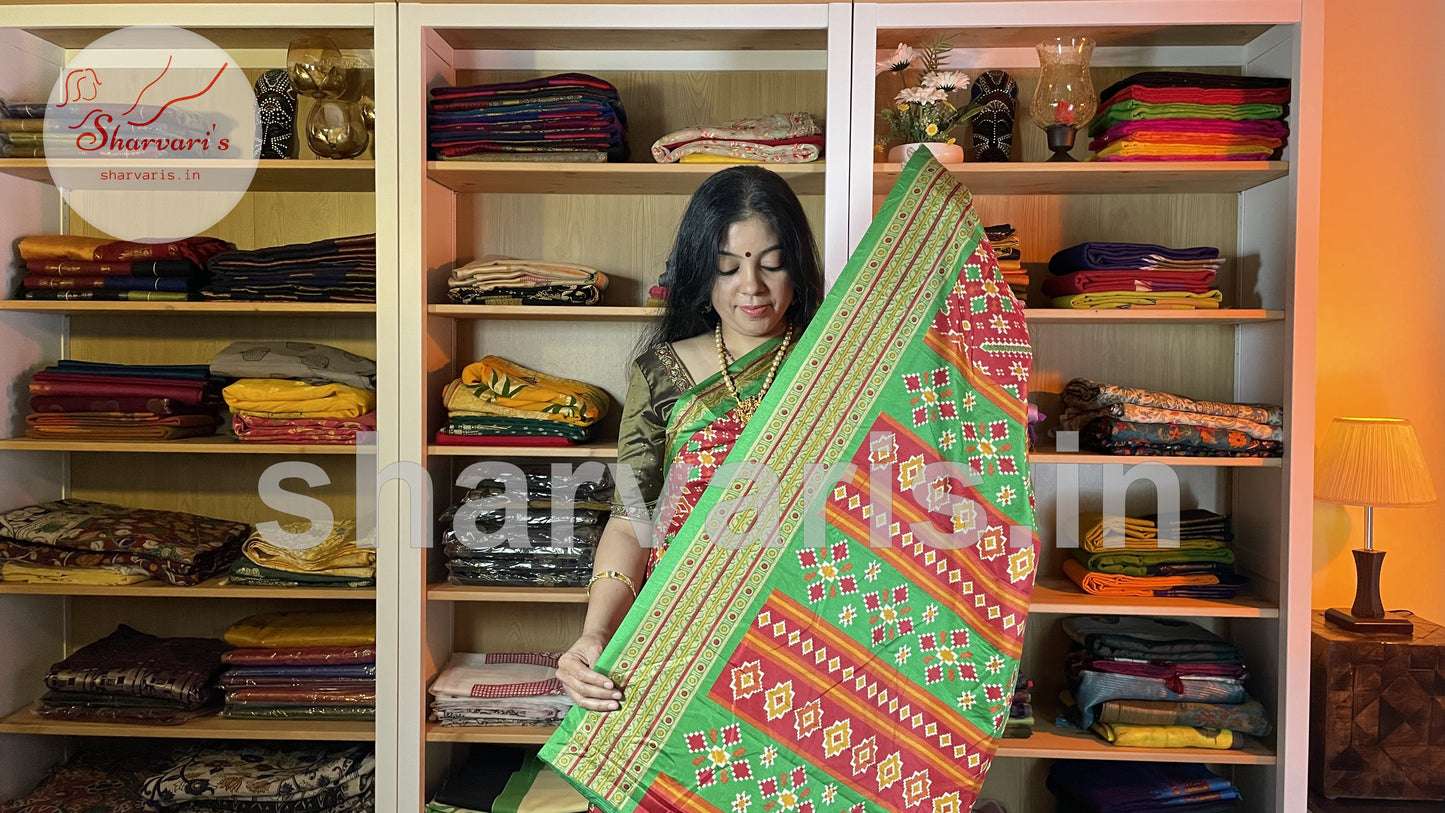 Red and Green Soft Semi Matka Saree with Patola Prints