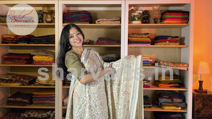 Off White Kashmiri Semi Pashmina Saree with Floral Prints