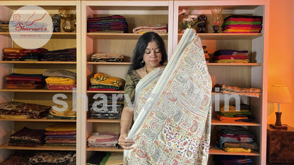 Off White Kashmiri Semi Pashmina Saree with Floral Prints