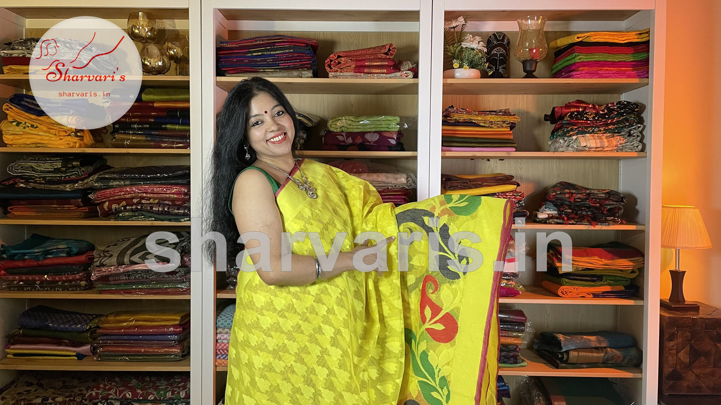 Bright Yellow Jute Netted Handloom Saree