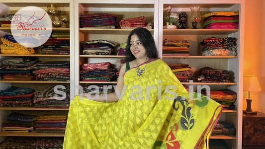 Bright Yellow Jute Netted Handloom Saree