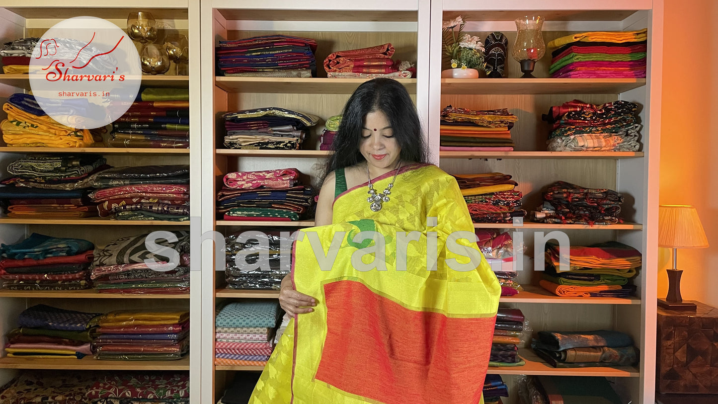 Bright Yellow Jute Netted Handloom Saree