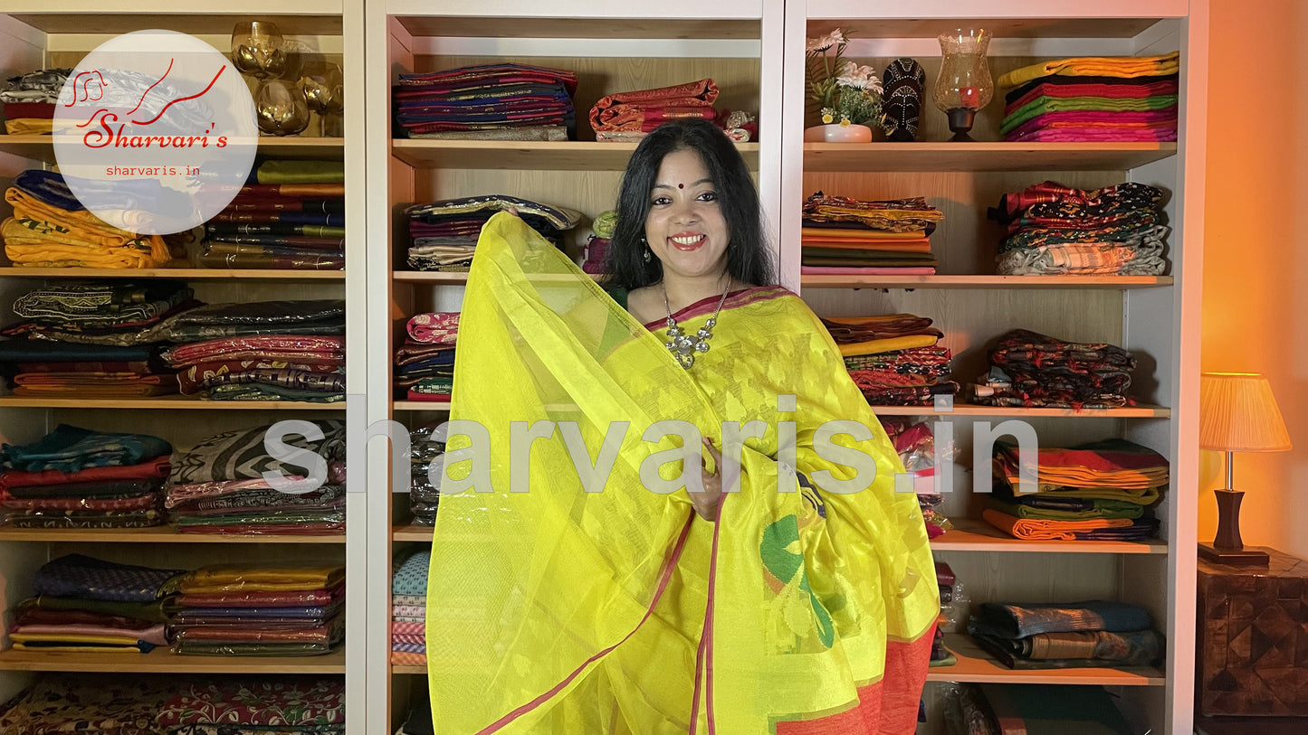 Bright Yellow Jute Netted Handloom Saree