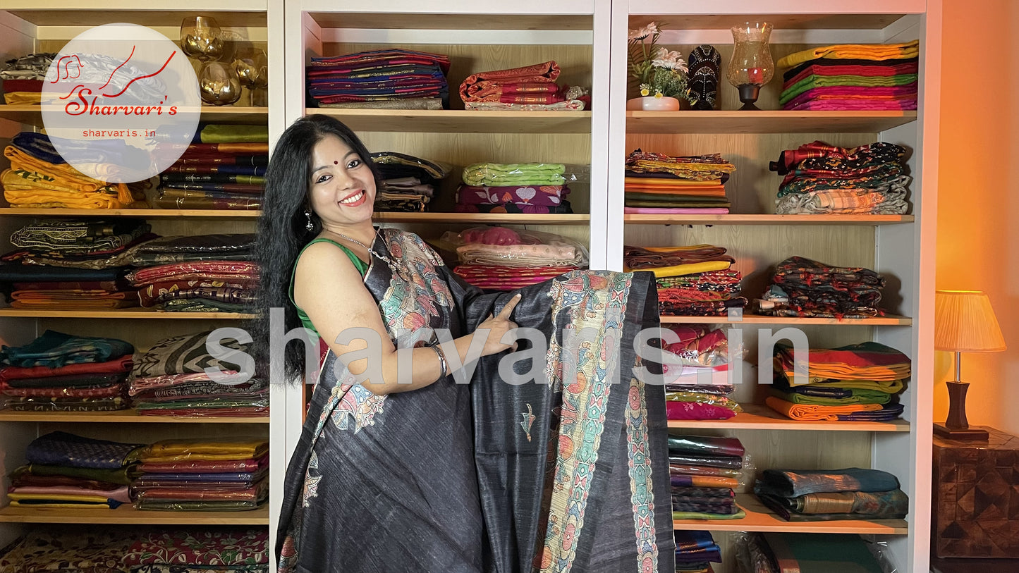 Black Jute/Ghicha Tussar Saree with Madhubani Prints