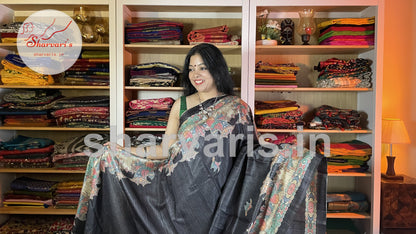 Black Jute/Ghicha Tussar Saree with Madhubani Prints