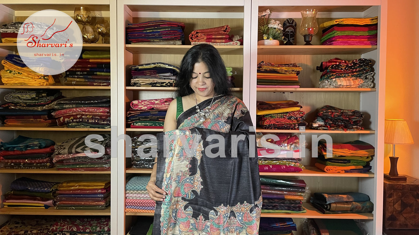 Black Jute/Ghicha Tussar Saree with Madhubani Prints